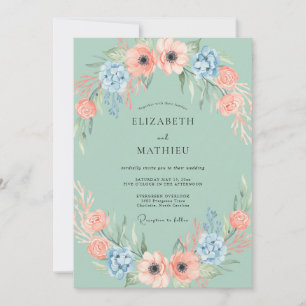 Invitación Boda con guirnalda de flor de melocotón y menta