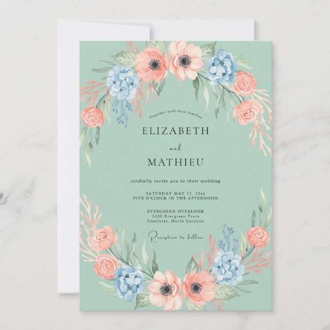 Invitación Boda con guirnalda de flor de melocotón y menta (Anverso)