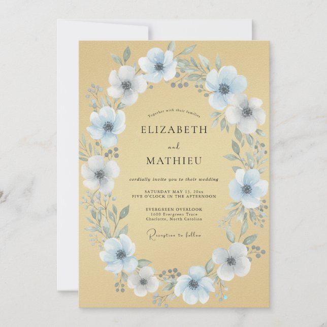 Invitación Boda con guirnalda de flores azul cielo (Anverso)