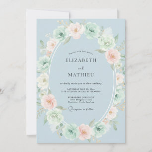Invitación Boda con guirnalda de flores azul polvoriento