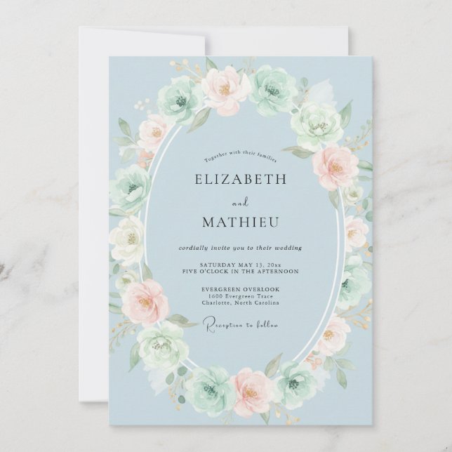 Invitación Boda con guirnalda de flores azul polvoriento (Anverso)