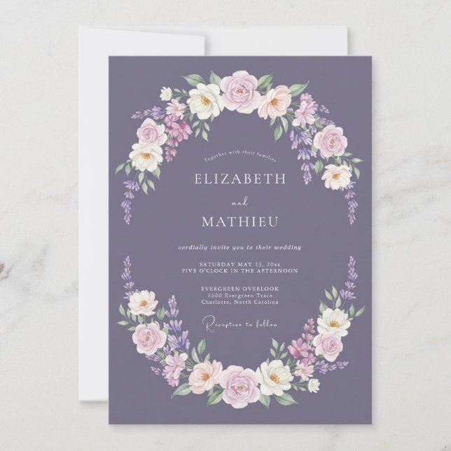 Invitación Boda con guirnalda de flores de malva (Anverso)