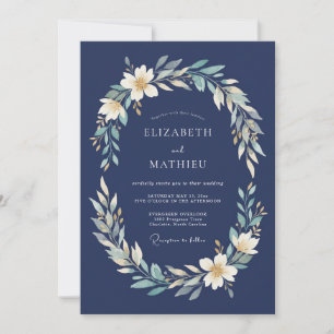 Invitación Boda con guirnalda de laurel azul marino
