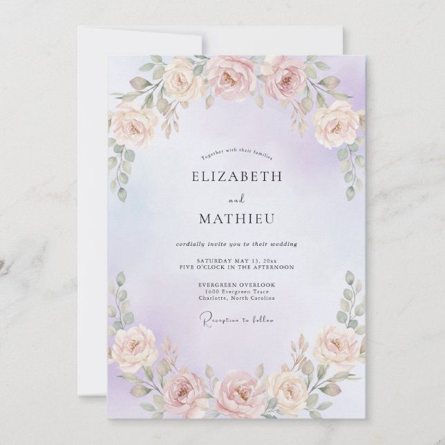 Invitación Boda con guirnalda de melocotón pervinca (Anverso)