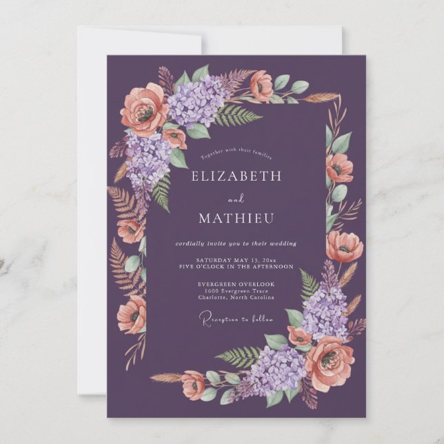 Invitación Boda con guirnalda de pintor plum (Anverso)