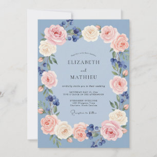 Invitación Boda con guirnalda de rosa azul polvorienta