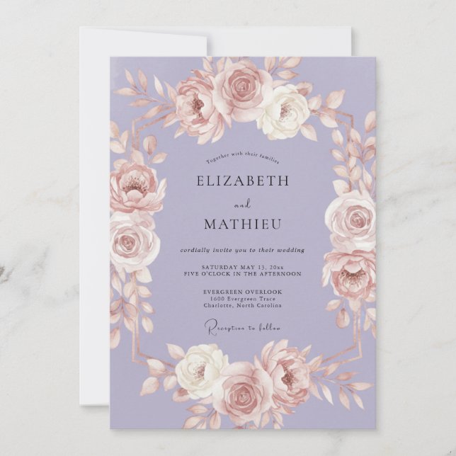 Invitación Boda con guirnalda de rosas lavanda (Anverso)