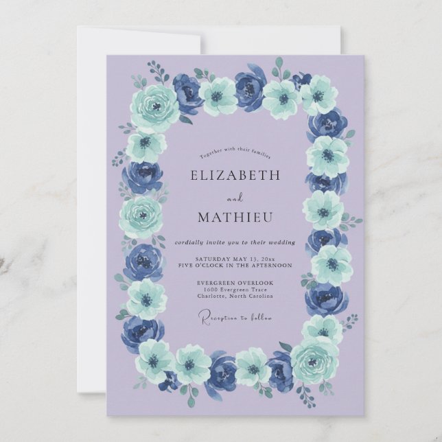 Invitación Boda con guirnalda floral azul (Anverso)