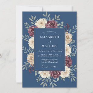 Invitación Boda con guirnalda floral azul profundo