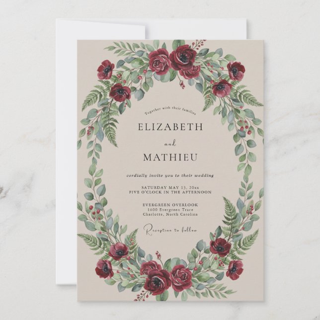 Invitación Boda con guirnalda floral de Borgoña (Anverso)