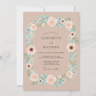 Invitación Boda con guirnalda floral de tono melocotón rosado