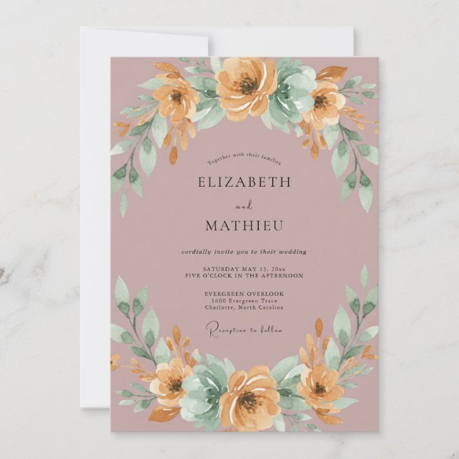 Invitación Boda con guirnalda floral malva (Anverso)
