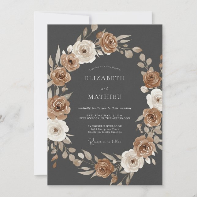 Invitación Boda con guirnalda floral marrón terrosa (Anverso)