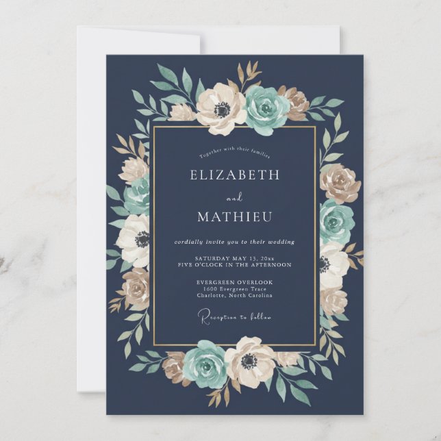 Invitación Boda con guirnalda floral navy (Anverso)