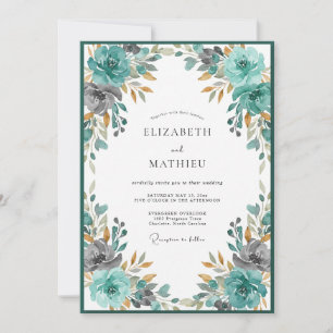 Invitación Boda con guirnalda floral opulenta azul verdoso