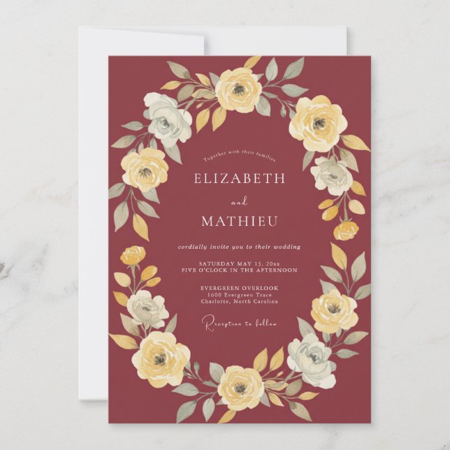 Invitación Boda con guirnalda floral pintoresca de Borgoña (Anverso)