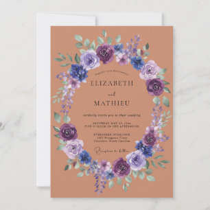 Invitación Boda con guirnalda floral púrpura de terracota