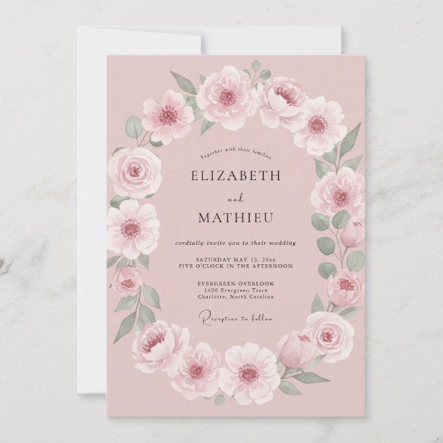 Invitación Boda con guirnalda floral rosa (Anverso)
