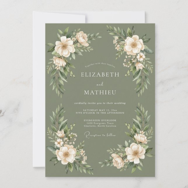 Invitación Boda con guirnalda floral salvia (Anverso)
