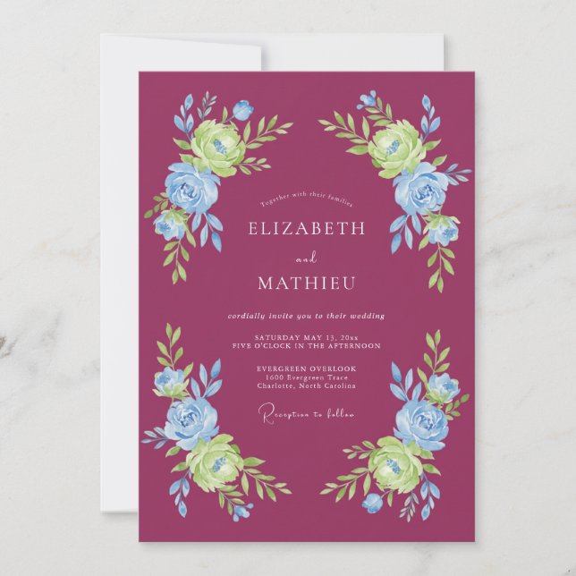 Invitación Boda con guirnalda floreada magenta (Anverso)
