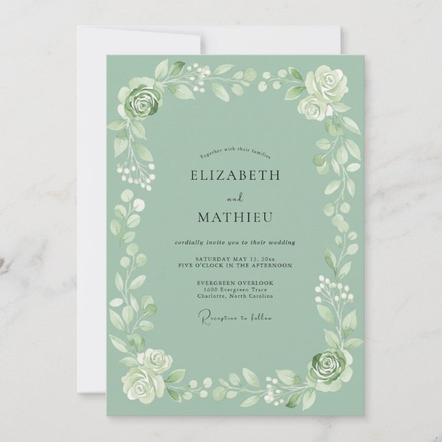 Invitación Boda con guirnalda florecida de verde salvia (Anverso)