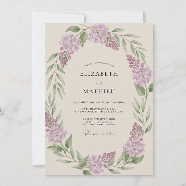 Invitación Boda con guirnalda verde lavanda (Anverso)