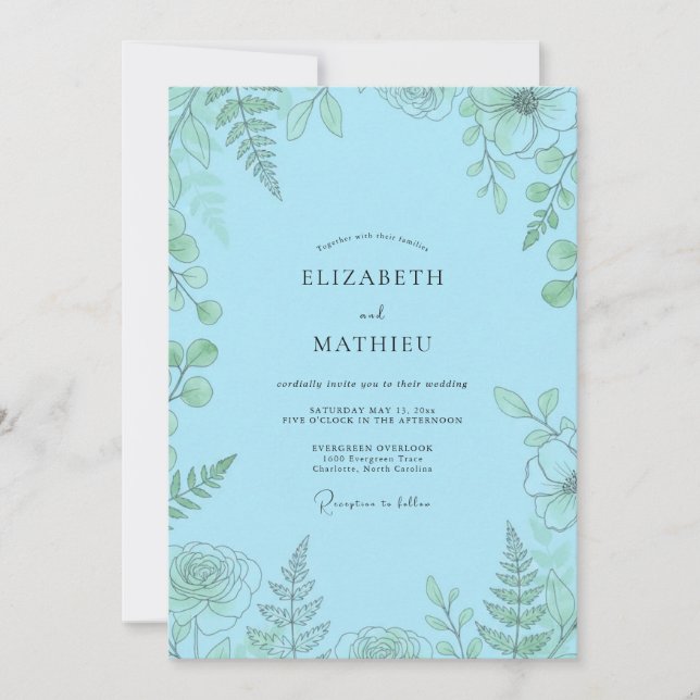 Invitación Boda con Helecho Azul Celeste (Anverso)