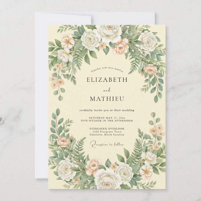 Invitación Boda con helecho y musgo de champán (Anverso)