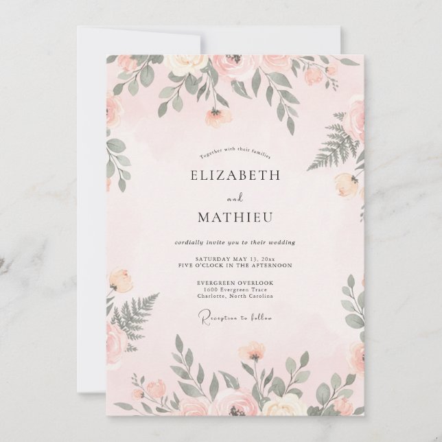 Invitación Boda con Helechos y Melocotón Sage (Anverso)