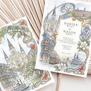 Invitación Boda con hitos en acuarela de Nueva Orleans