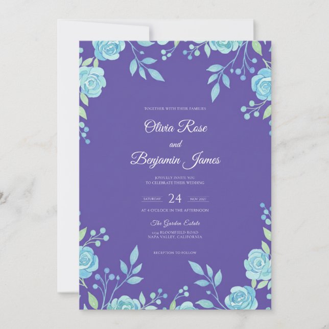 Invitación Boda con hoja acuática violeta (Anverso)