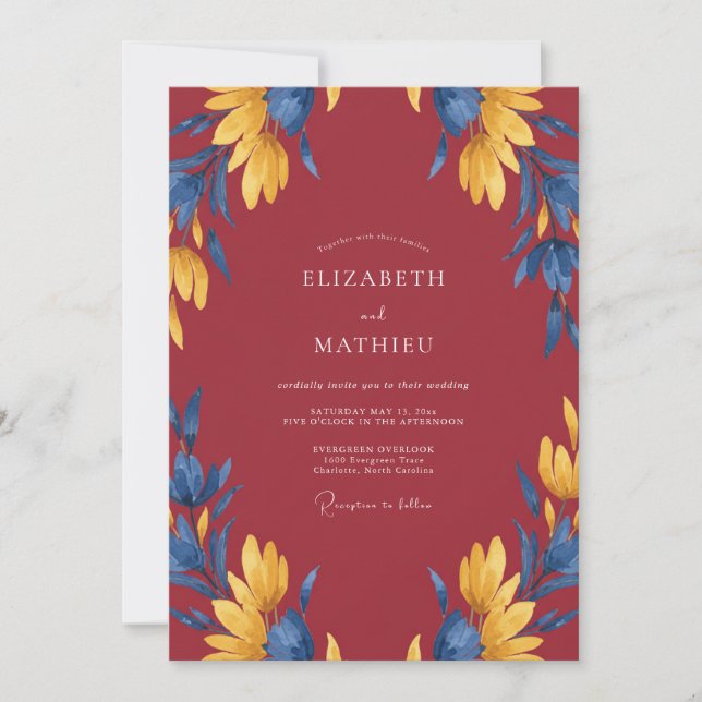 Invitación Boda con hoja amarilla de Borgoña (Anverso)