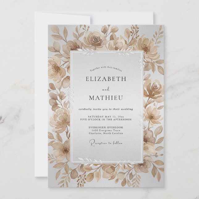 Invitación Boda con hoja de acuarela champán (Anverso)