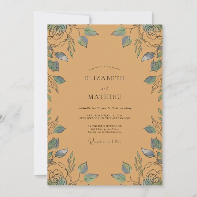 Invitación Boda con hoja de azul ocre (Anverso)