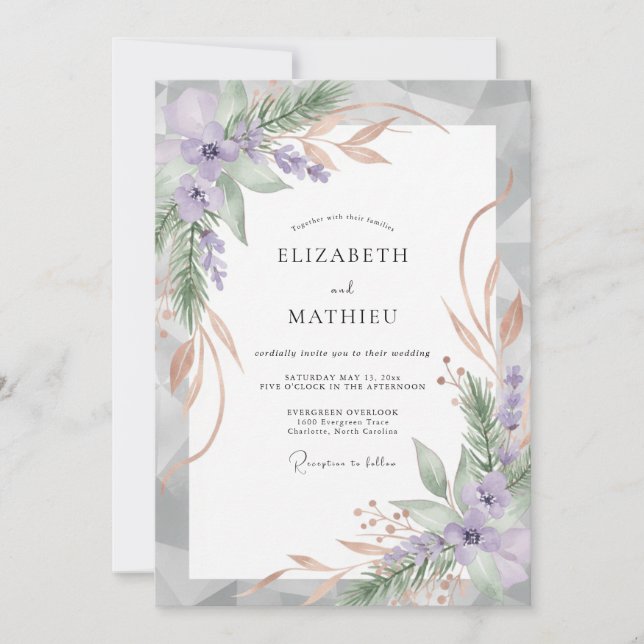 Invitación Boda con Hoja de Champán Amatista (Anverso)