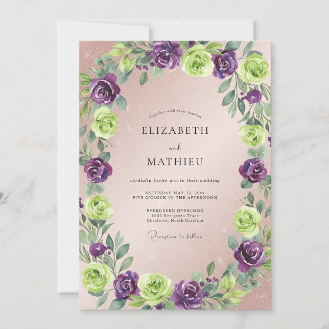 Invitación Boda con Hoja de Chartreuse Violeta (Anverso)