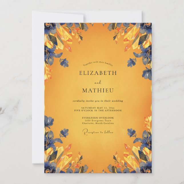 Invitación Boda con hoja de cobalto ámbar (Anverso)