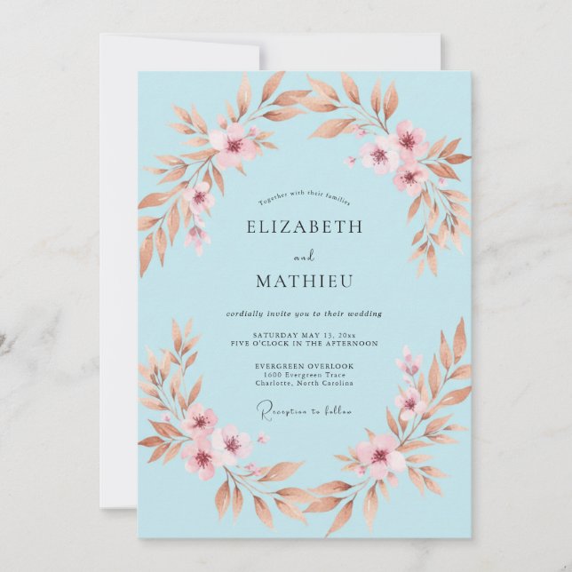 Invitación Boda con Hoja de cobre y melocotón (Anverso)