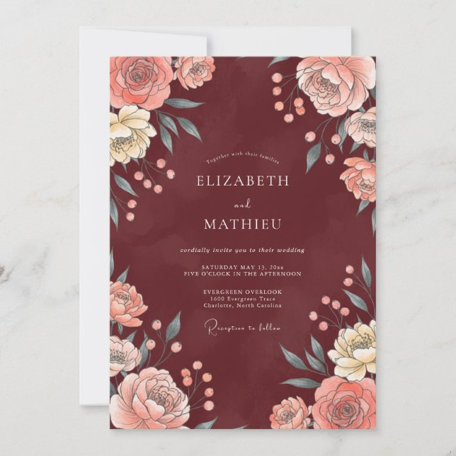 Invitación Boda con hoja de coral de Borgoña (Anverso)
