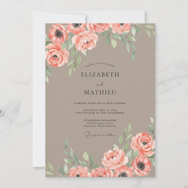 Invitación Boda con Hoja de Coral Taupe (Anverso)