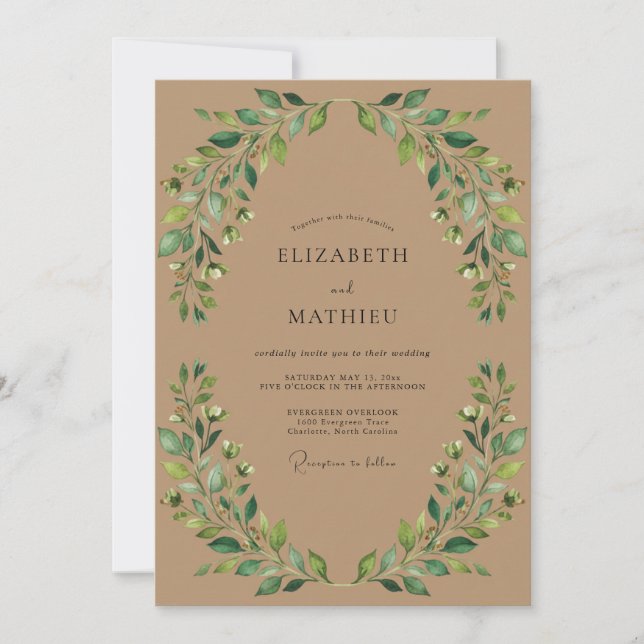 Invitación Boda con hoja de eucalipto beige (Anverso)