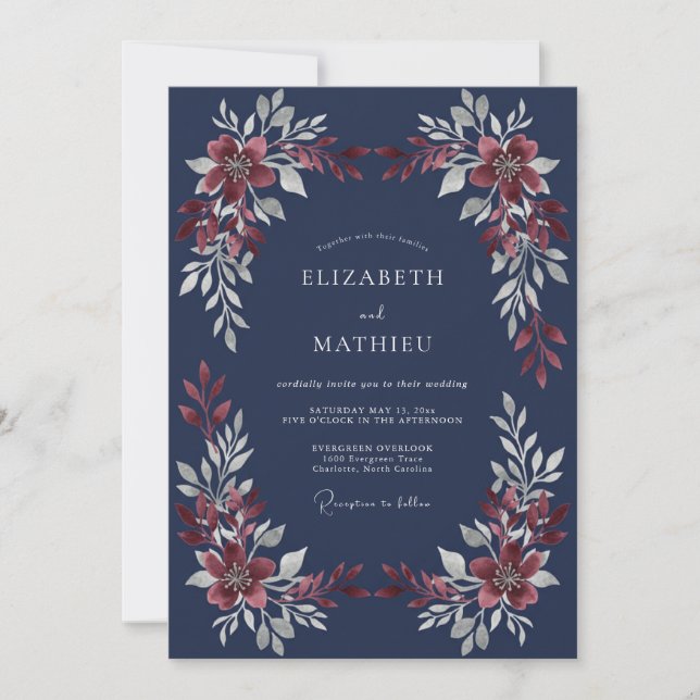 Invitación Boda con Hoja de Granate de Medianoche (Anverso)