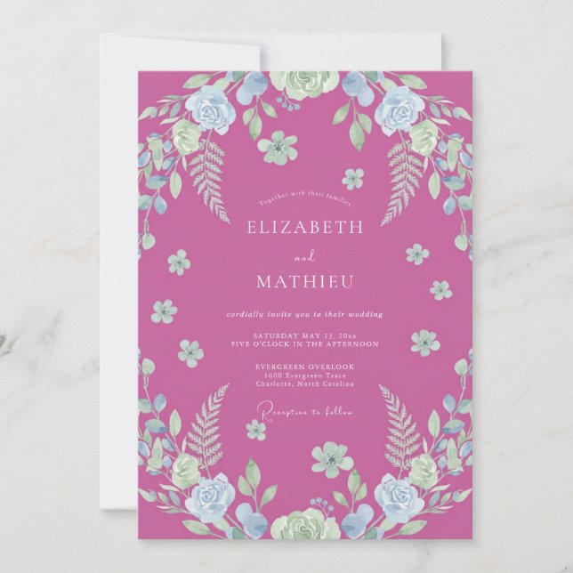 Invitación Boda con hoja de helecho fucsia (Anverso)