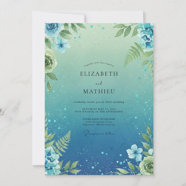 Invitación Boda con Hoja de Helecho Teal (Anverso)