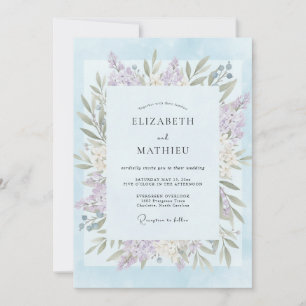 Invitación Boda con Hoja de Lila Azul Polvo