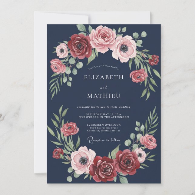 Invitación Boda con Hoja de Marsala de Medianoche (Anverso)