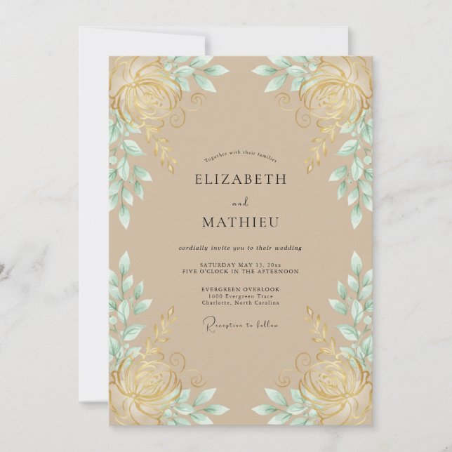 Invitación Boda con hoja de menta champán acuarela (Anverso)