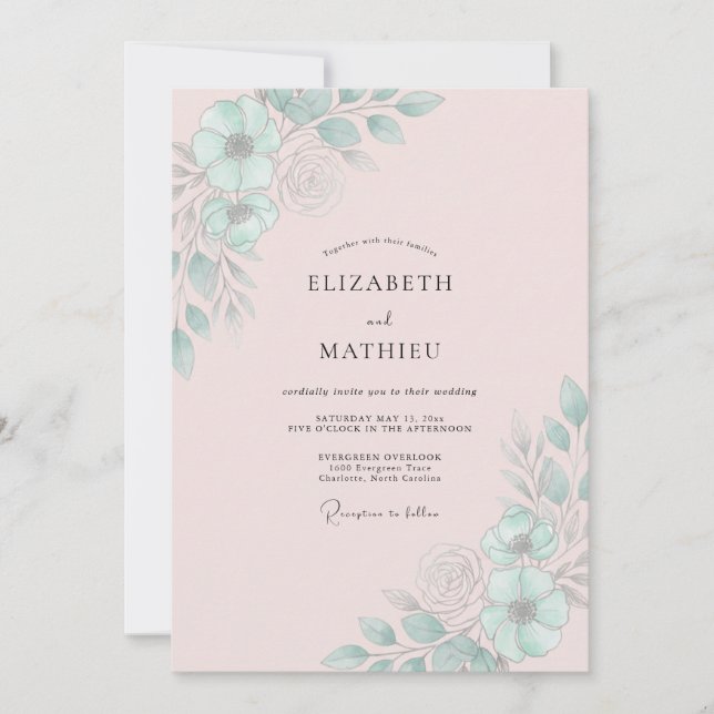 Invitación Boda con Hoja de Menta Rosada (Anverso)