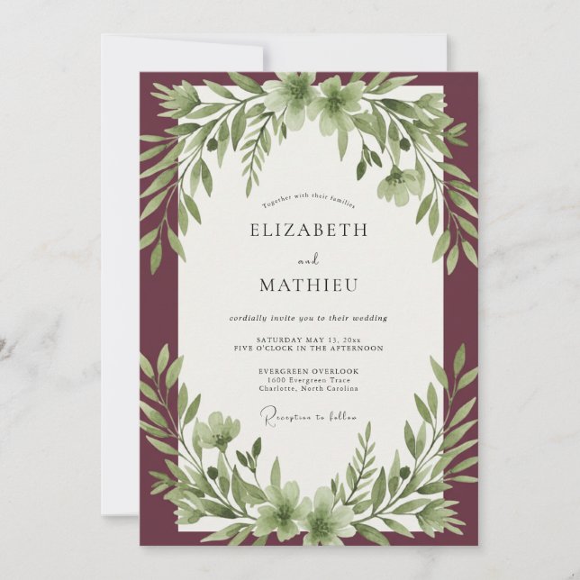 Invitación Boda con Hoja de Olivo Granate (Anverso)