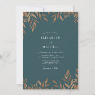 Invitación Boda con hoja de oro azul verdoso antiguo